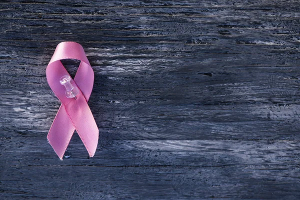 Pink Ribbon Breast Cancer Awareness Pinned Pushpin Gray Rustic Wooden — Stock Photo, Image