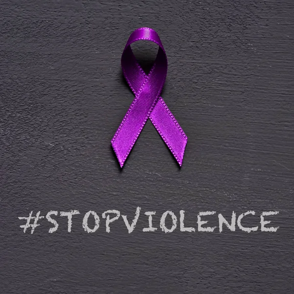 Closeup Purple Ribbon Awareness Unacceptability Violence Women Text Stop Violence — Stock Photo, Image