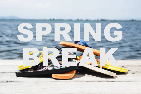 Text Spring Break Some Different Pairs Flip Flops Weathered Wooden — Stock Photo, Image