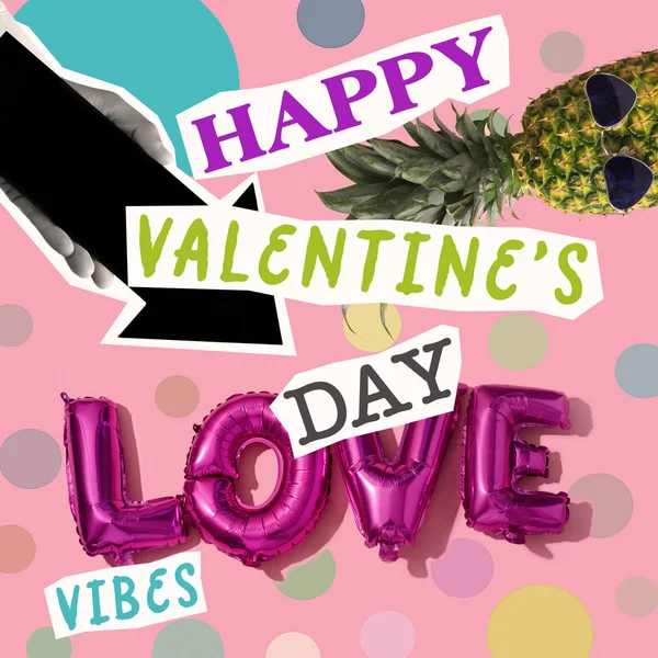 Testo Happy Valentines Giorno Parola Vibes Come Ritagli Carta Ananas — Foto Stock