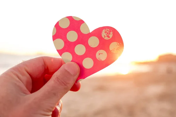 Closeup Hand Young Caucasian Man Holding Heart Cut Out Colorful — Stock Photo, Image