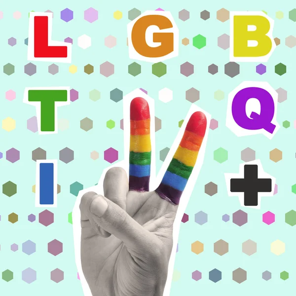 Text Lgbtqi Magazine Cutouts Hand Doing Sign Patterned Rainbow Flag — Stock Photo, Image