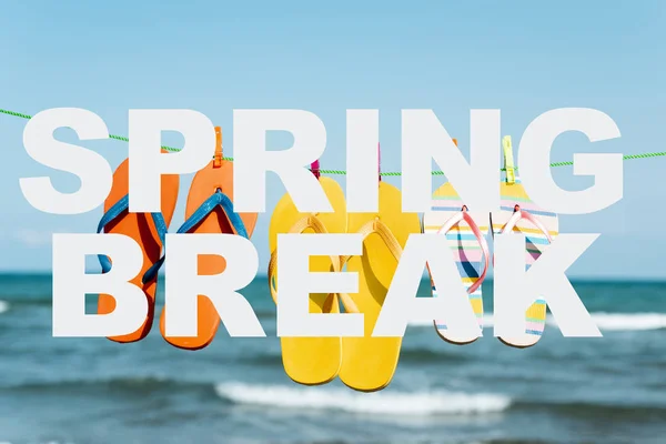 Text Spring Break Some Different Pairs Flip Flops Hanging Clothespins — Stock Photo, Image