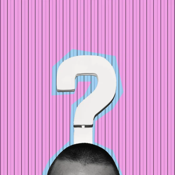a cutout of a man with a question mark on his head in black and white, on a pink background patterned with vertical lines, as a contemporary art collage with some blank space on top