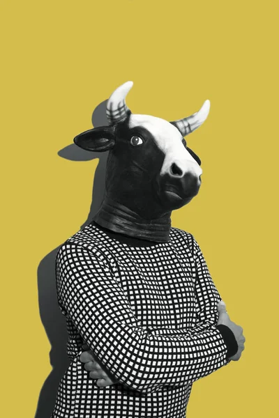Young Caucasian Man Cow Mask Black White Yellow Background Some — Stock Photo, Image