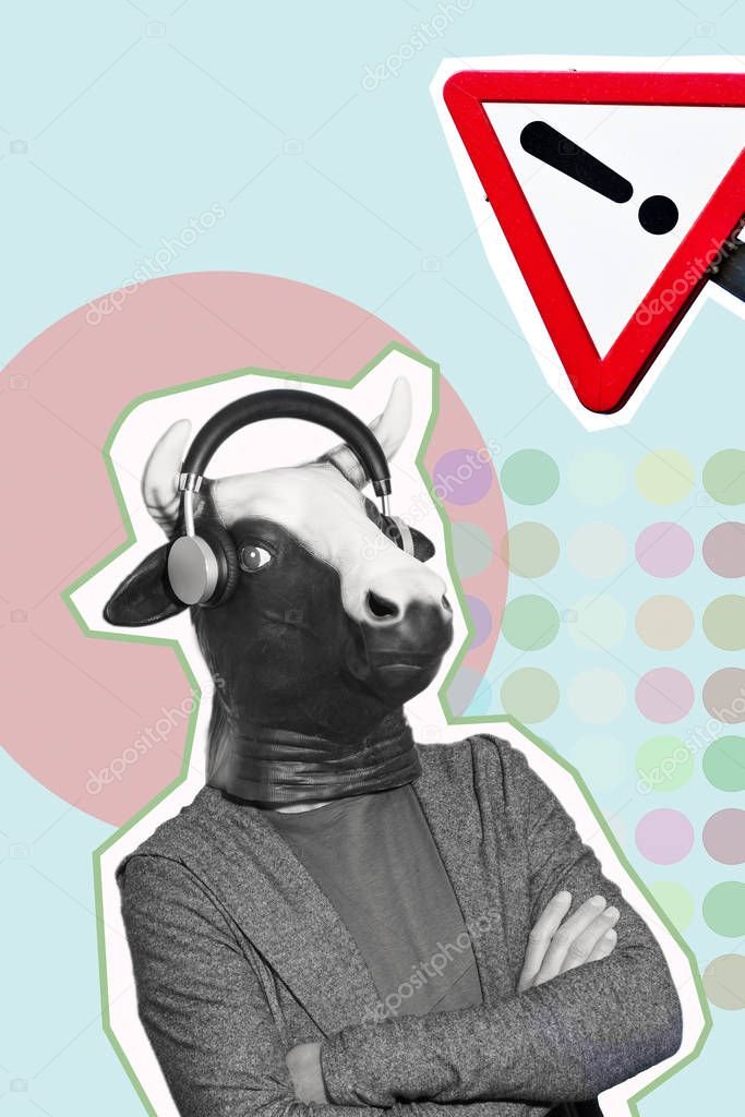 man with a cow mask, using a pair of headphones, and a traffic sign with an exclamation mark in it, on a green background patterned with dots of different colors, as a contemporary art collage