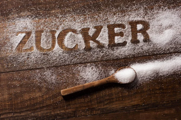 Blick Aus Der Vogelperspektive Auf Einen Mit Zucker Bestreuten Holztisch — Stockfoto