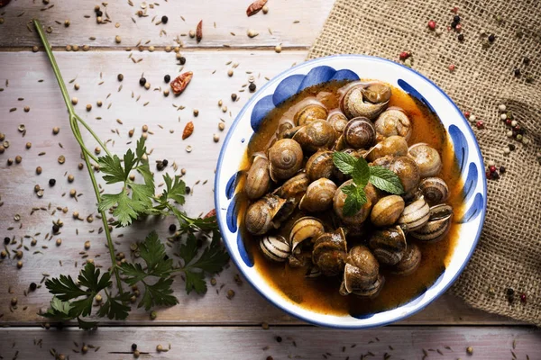 spanish caracoles en salsa, cooked snails in sauce