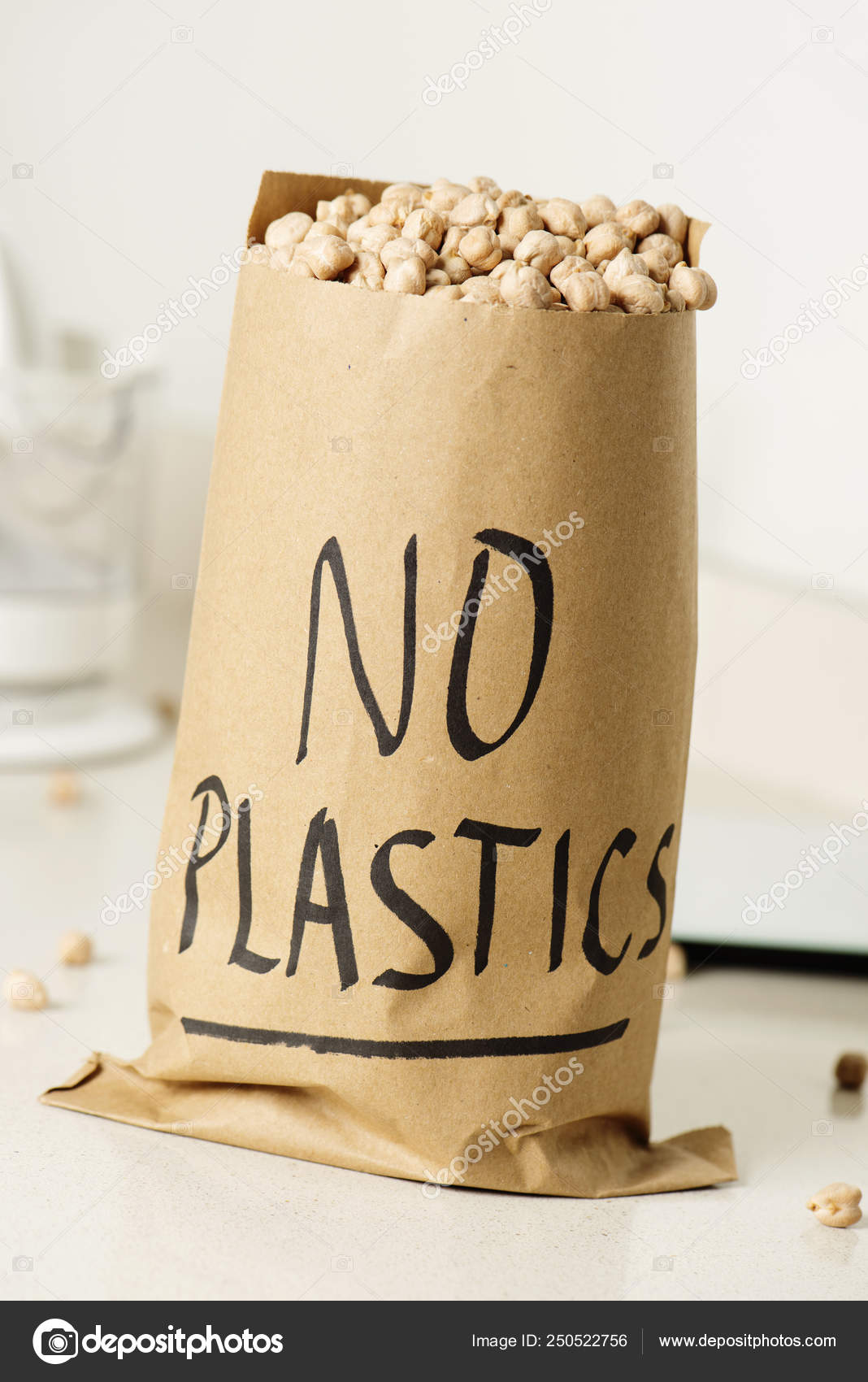 Text No Plastics In A Paper Bag Full Of Chickpea Stock Photo