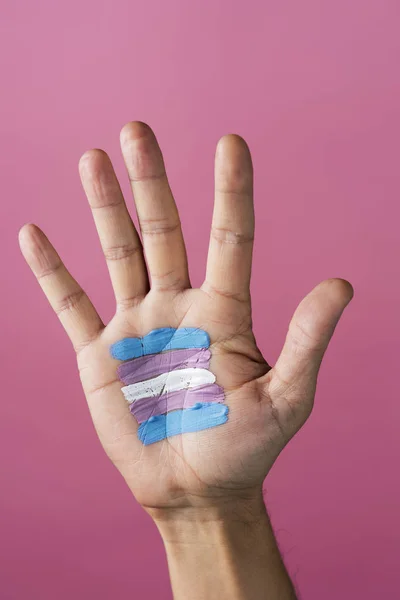 Bandeira transgênero na palma da mão do han — Fotografia de Stock