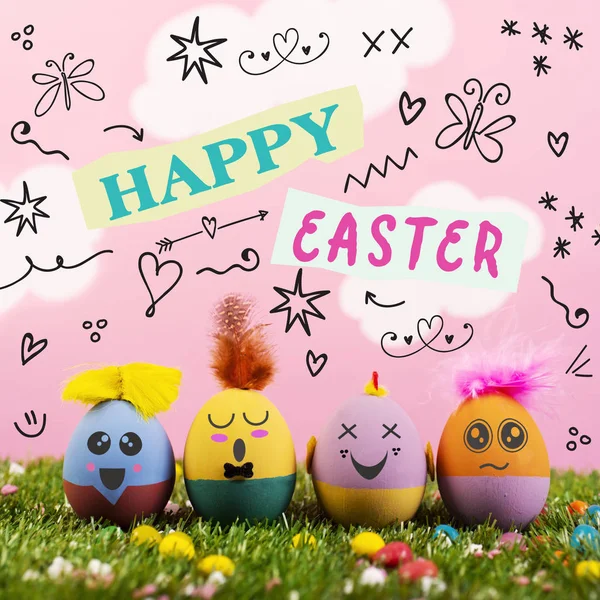 Texto feliz Pascua y huevos decorados hechos a mano lindo —  Fotos de Stock