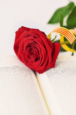 kitap, kırmızı gül ve Katalan bayrağı