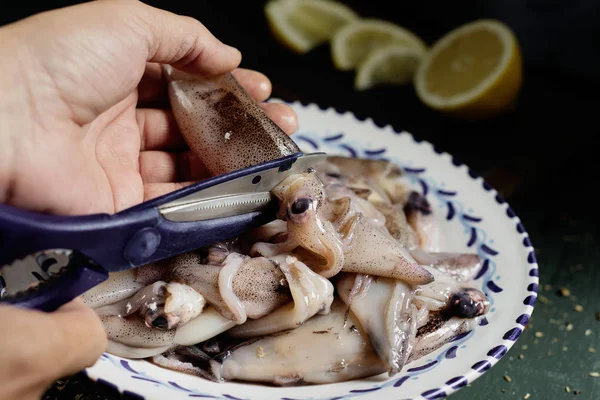 Adam bazı ham mürekkep balığı gutting — Stok fotoğraf