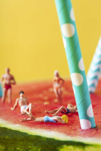 Persone in miniatura in costume da bagno su un'anguria — Foto Stock