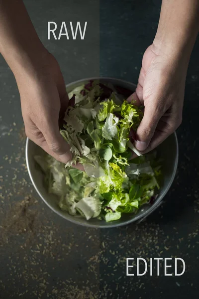 Nyers és szerkesztett fotót egy ember ételkészítést — Stock Fotó