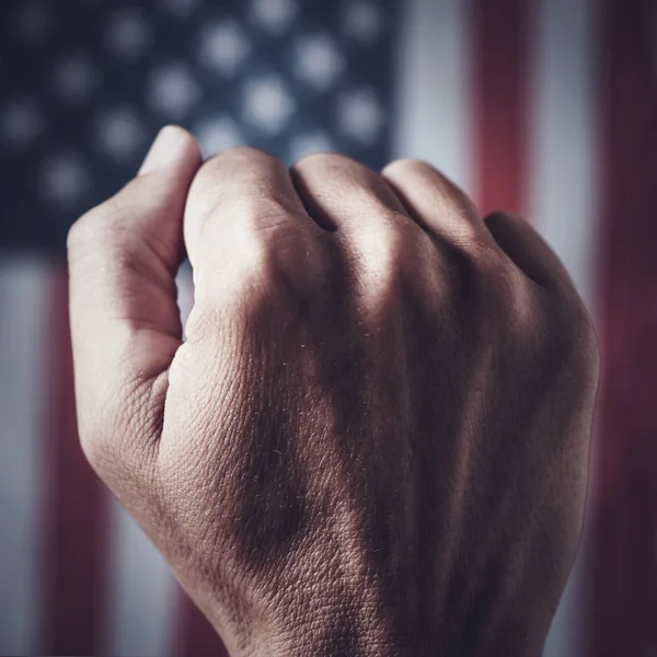 raised fist and american flag