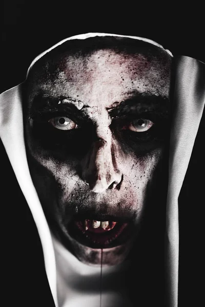 Frightening evil nun with bloody teeth — Stock Photo, Image