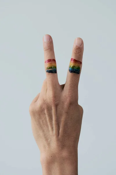 Closeup Rainbow Flag Fingers Young Caucasian Person Doing Sign White — Stock Photo, Image