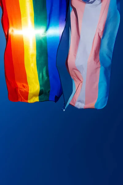 Closeup Gay Pride Flag Transgender Pride Flag Waving Blue Sky — Stock Photo, Image