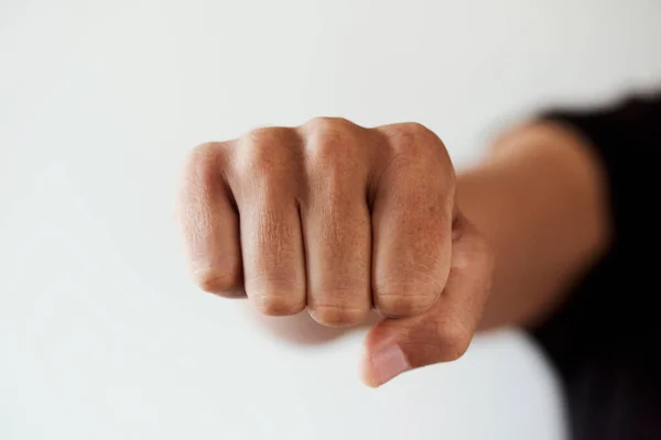 Closeup Fist Young Caucasian Man Throwing Punch Observer Fist Bumping — Stock Photo, Image