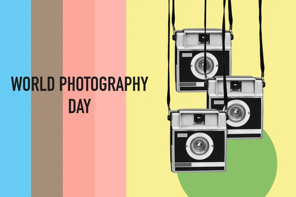 Some Retro Film Cameras Black White Text World Photography Day — Stock Photo, Image