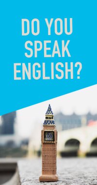 Ünlü Elizabeth Kulesi 'nin minyatürü, nam-ı diğer Big Ben, Londra, Birleşik Krallık' ta, ve soru şu: İngilizce konuşabiliyor musunuz?
