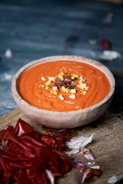 Closeup Earthenware Bowl Fresh Made Spanish Salmorejo Cordobes Porra Antequerana — Stock Photo, Image