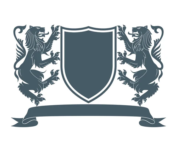Середньовічний Герб Два Леви Тримають Щит Векторна Ілюстрація — стоковий вектор
