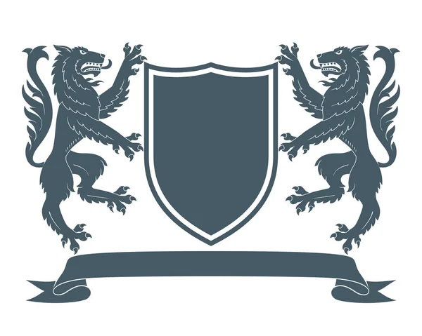 Mittelalterliches Wappen Zwei Wölfe Halten Ein Schild Vektorillustration — Stockvektor