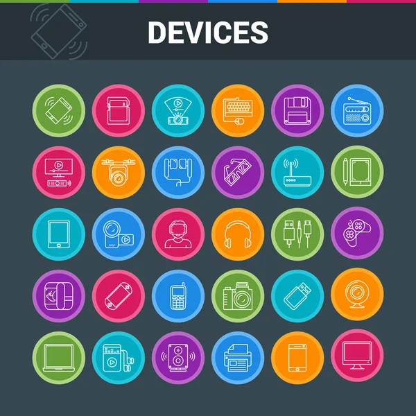Gadget Dispositivos Conjunto Iconos Colores Equipos Electrónicos Ilustración Vectorial — Vector de stock