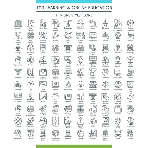 Set Icone Apprendimento Educazione Online Icone Moderne Sulla Conoscenza Del — Vettoriale Stock