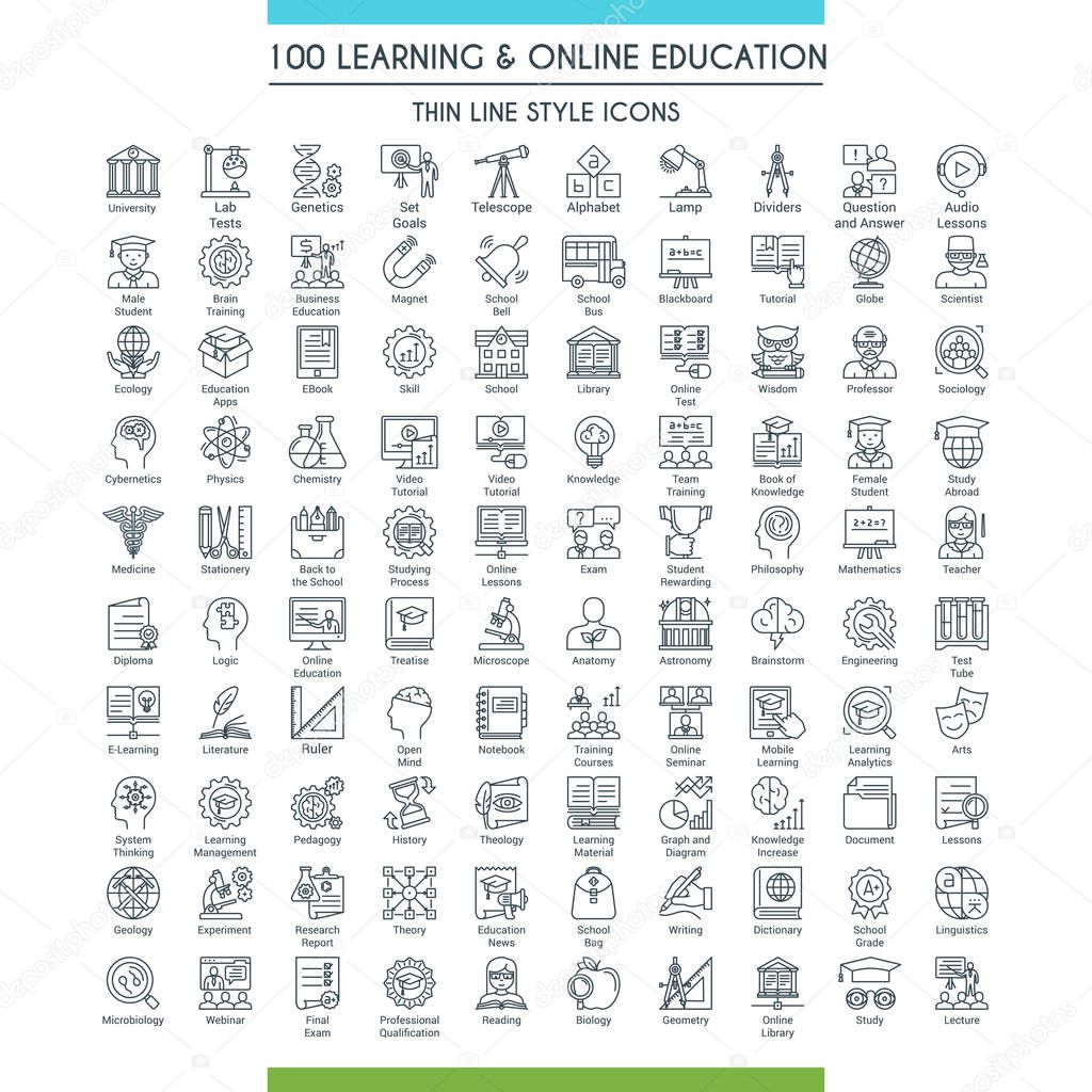 Learning and online education icons set. Modern icons on theme knowledge, scince, teaching, school and university. Thin line design icons collection. Vector illustration