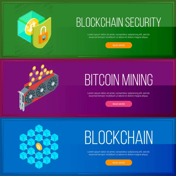 Conjunto de banners de cadena de bloques y criptomoneda — Vector de stock