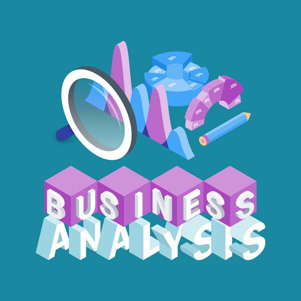 Business analysis concept. Image of a magnifying glass, graphs and diagrams. Highly detailed vector illustration of isometric objects