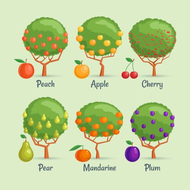 Fruit trees set. Cartoon images of garden berries. Vector illustration clipart