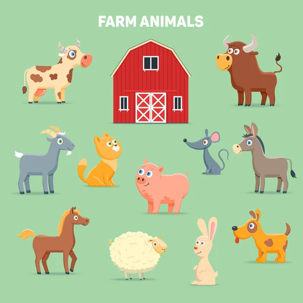 Nutztiere Und Stall Zeichentrickbilder Gesetzt Vektorillustration — Stockvektor
