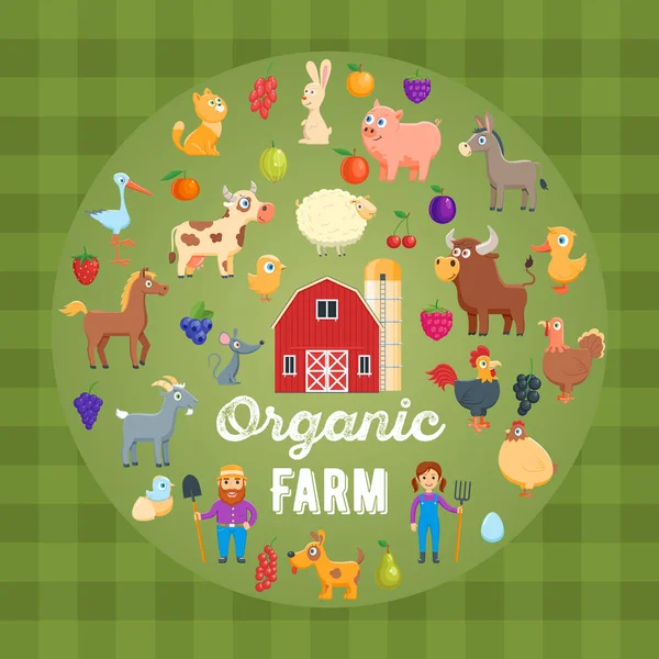 Organic Farm Concept Cartoon Images Poultry Farm Animals Farmers Barn — Stock Vector