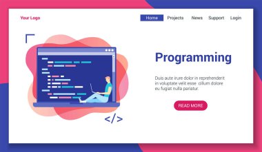 Düz tasarım konsepti programlama tema üzerinde. Vektör çizim mock-up mobil web sitesi ve Web sitesi için. Açılış sayfası şablonu.
