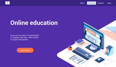 Online eğitim için izometrik açılış sayfası şablonu. Vektör çizim mock-up mobil web sitesi ve Web sitesi için