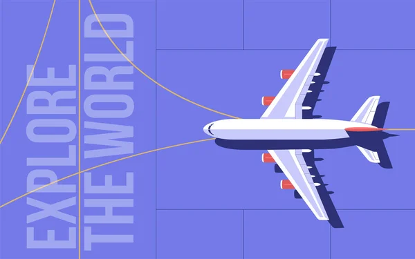 滑走路の旅客用飛行機を離陸する準備ができている 旅行や休暇のデザインのためのバナーやチラシ 最上階だ ベクターイラスト — ストックベクタ