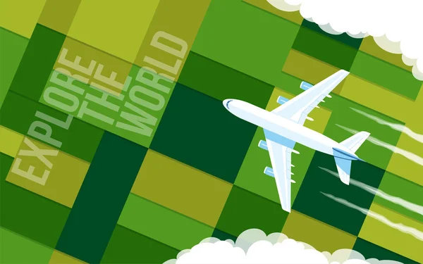 Het Vliegtuig Vliegt Groene Velden Vliegtuig Wolken Bovenaanzicht Vectorillustratie — Stockvector
