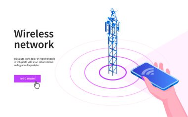 Cep telefonu anteni işaret eden bir el. 5G ağ kablosuz teknolojisi. Yüksek hızlı internet iletişimi için yayın kulesi. İzometrik vektör illüstrasyonu