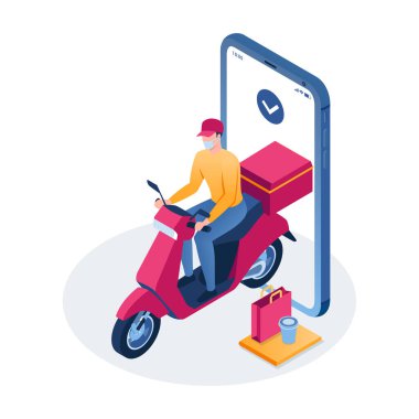 Maskeli kurye cep telefonu geçmişinde scooter kullanıyor. Hızlı teslimat paketi. İzometrik vektör illüstrasyonu