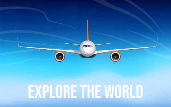 雲と青空の上の空高く空を飛ぶ旅客機 正面から直接見ることができます 現実的なベクトル図 — ストックベクタ