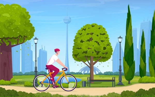 若者は都市を背景に公園で自転車に乗る 漫画ベクトルイラスト — ストックベクタ