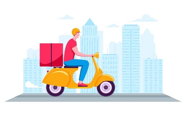宅配便は都市の背景にスクーターに乗る 迅速な配達パッケージ 魔法瓶付きヘルメットの若い男のサイドビュー 漫画ベクトルイラスト — ストックベクタ