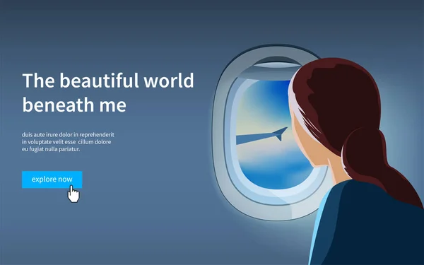 雲の中から飛行機を見る若い女性 魅力的な白人女性の乗客 漫画ベクトルイラスト — ストックベクタ