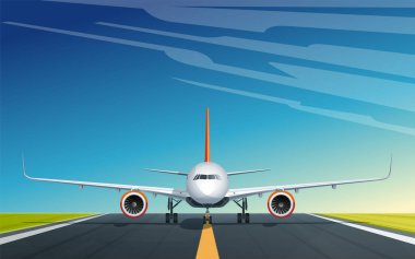 Yolcu uçağı kalkışa hazır. Seyahat ve tatil tasarımı için afiş veya broşür