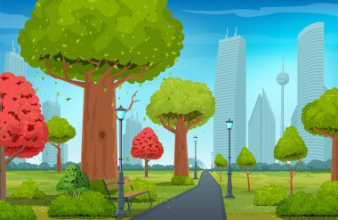 Güzel bir yaz parkı. Yürümek ve dinlenmek için ağaçlar ve yürüyüş yolu olan kentsel alan. Arka planda modern şehir binaları