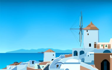 Santorini Adası. Yunanistan manzarası. Bahar ya da yaz aylarında geniş bir panorama kasabası. Deniz, dağlar, yel değirmeni ve evler